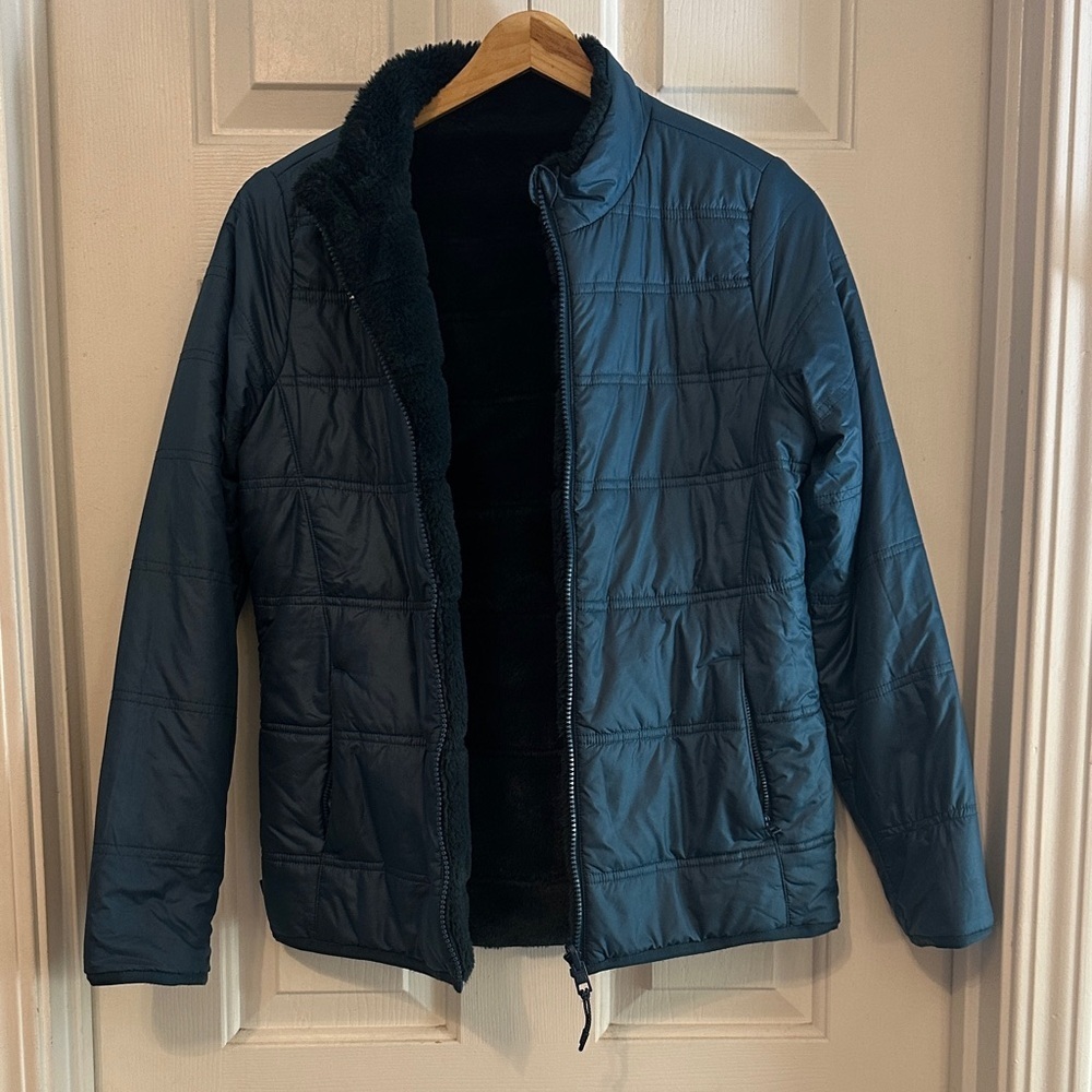 Athleta girl reversible teal puffer furry jacket size 16